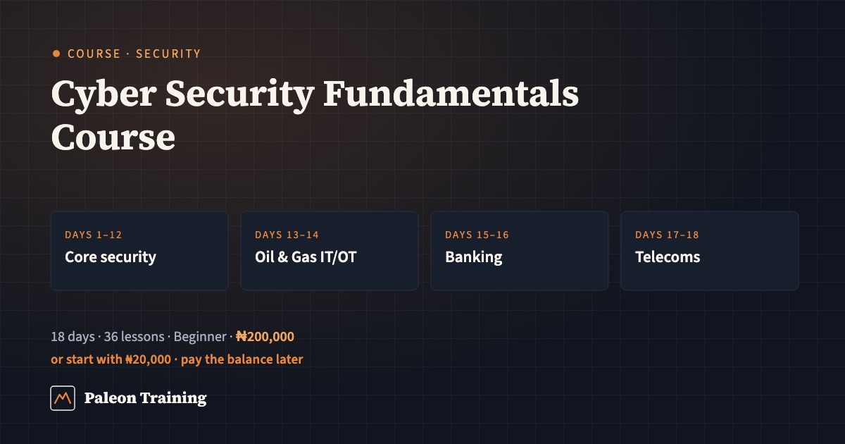 Cyber Security Fundamentals course by Paleon Training: 18 days, 36 lessons, with Oil and Gas, Banking and Telecoms pathways.