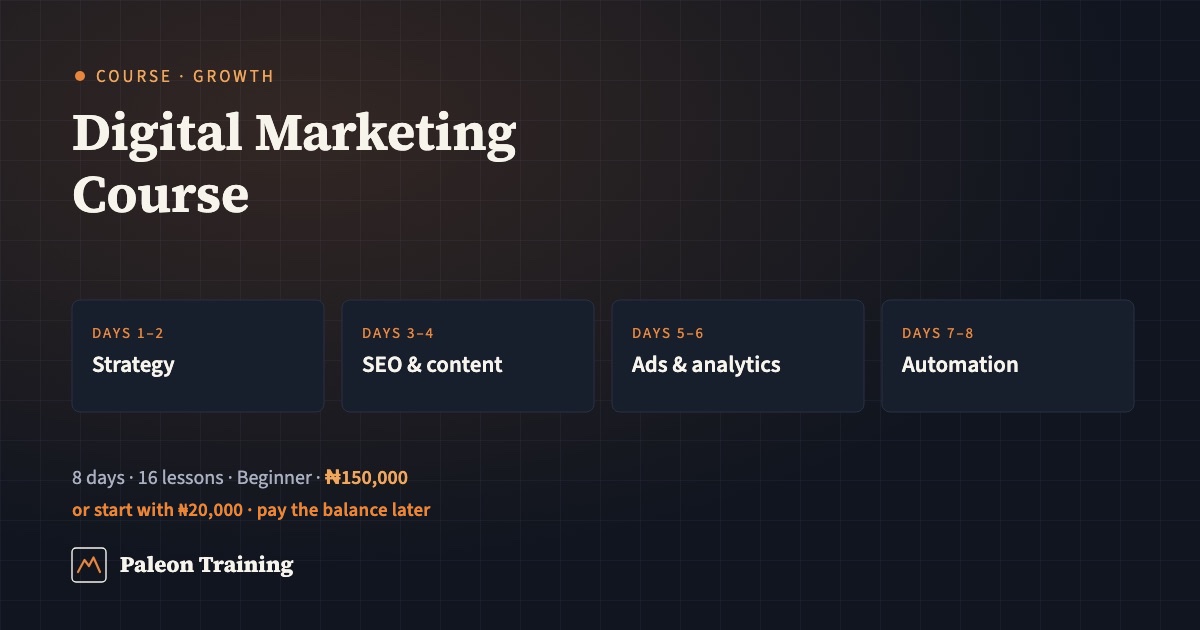 Digital Marketing course by Paleon Training: 8 days, 16 lessons covering SEO, Google Ads, content, email and analytics.