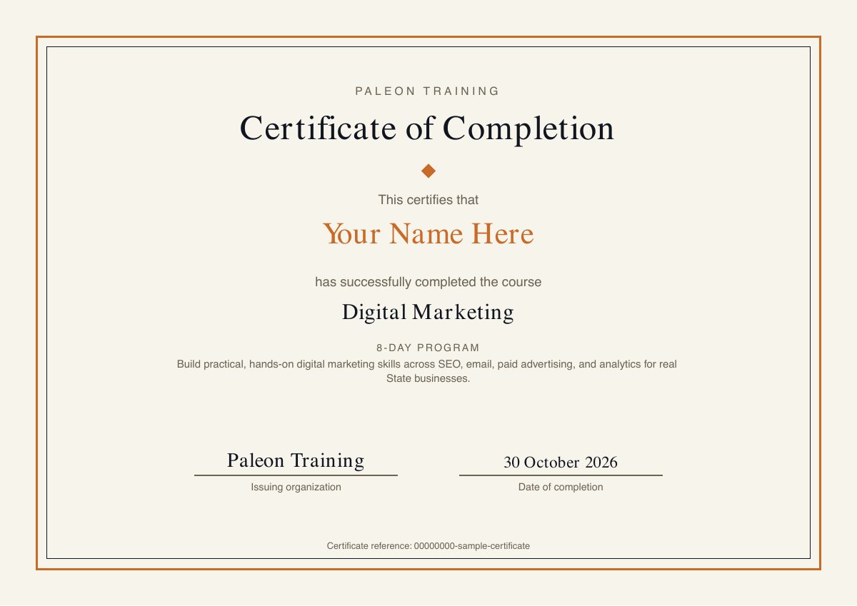 Sample Digital Marketing certificate of completion from Paleon Training, showing the student name, course title, completion date and certificate reference.