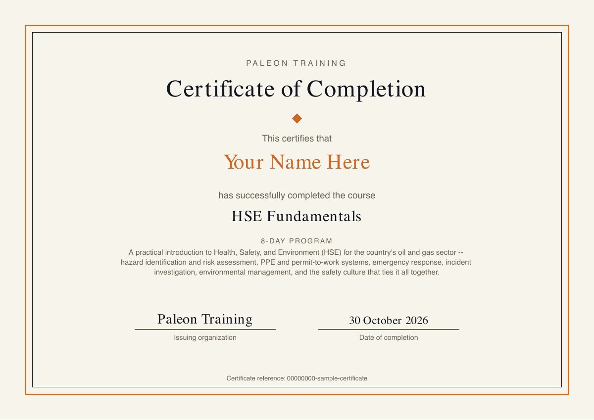 Sample HSE Fundamentals certificate of completion from Paleon Training, showing the student name, course title, completion date and certificate reference.